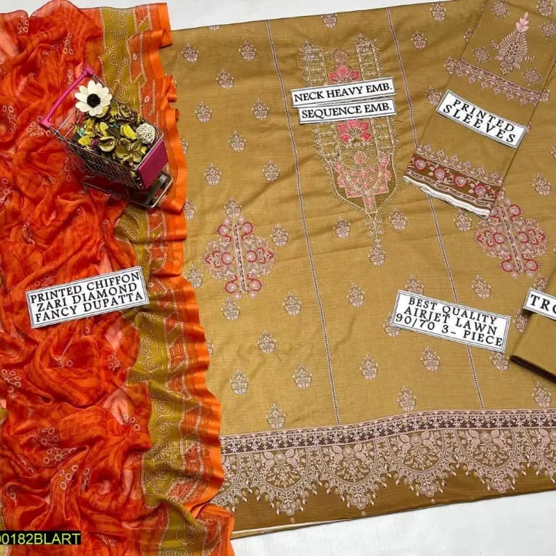 3pcs lawn suit embroidered neckline